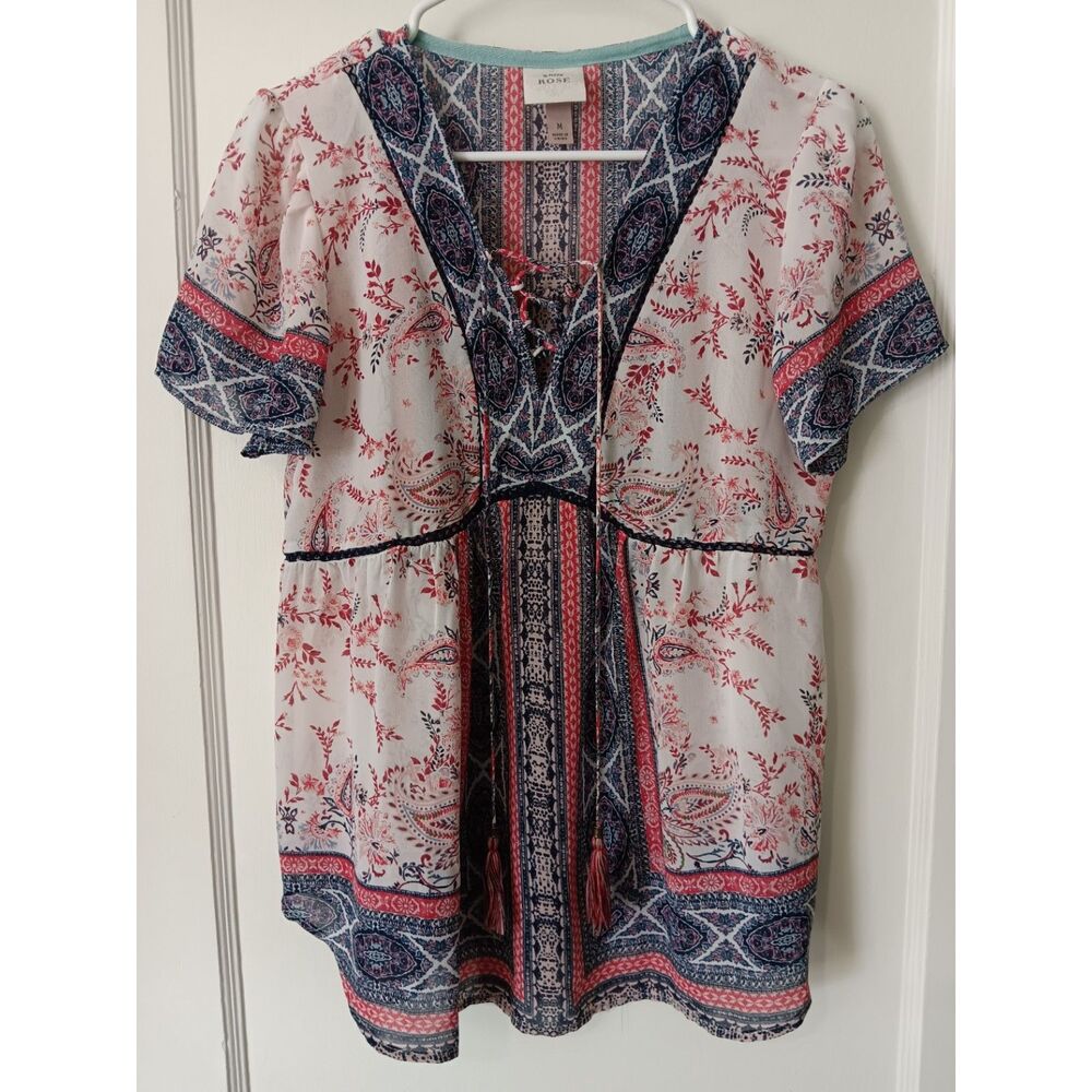 Vintage Style Boho Knox Rose Tassel Tie Blouse M Paisley Peasant Festival Indie